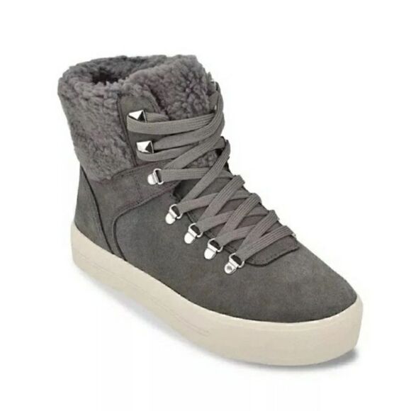 Marc Fisher | Darlen Gray Suede Sherpa Casual Lace Ankle Boots | 7.5 - Picture 1 of 6